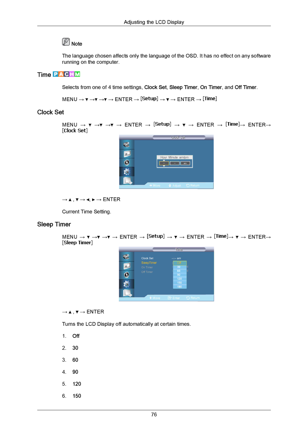 Samsung 700TSN-2, 820TSN-2 user manual Clock Set, Sleep Timer 