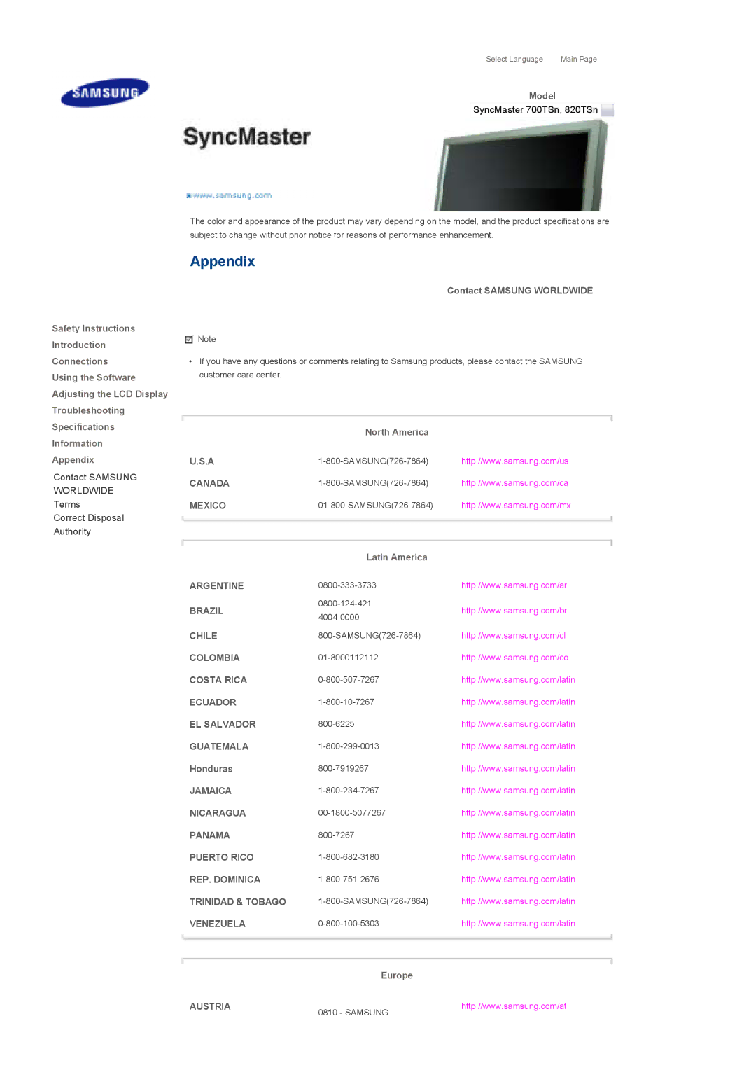 Samsung 820TSn, 700TSn specifications Appendix, Contact Samsung Worldwide, Honduras 