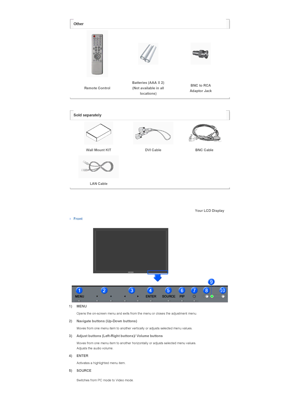 Samsung 700TSn Adaptor Jack Wall Mount KIT DVI Cable, LAN Cable Your LCD Display, Front, Navigate buttons Up-Down buttons 