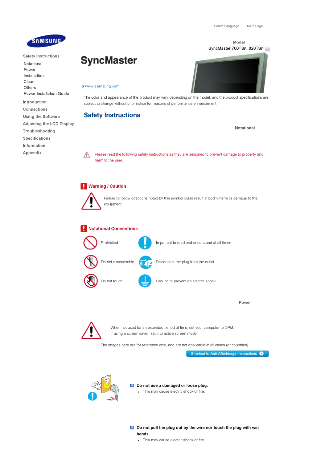 Samsung 820TSn, 700TSn specifications Safety Instructions, Model, Notational, Power 