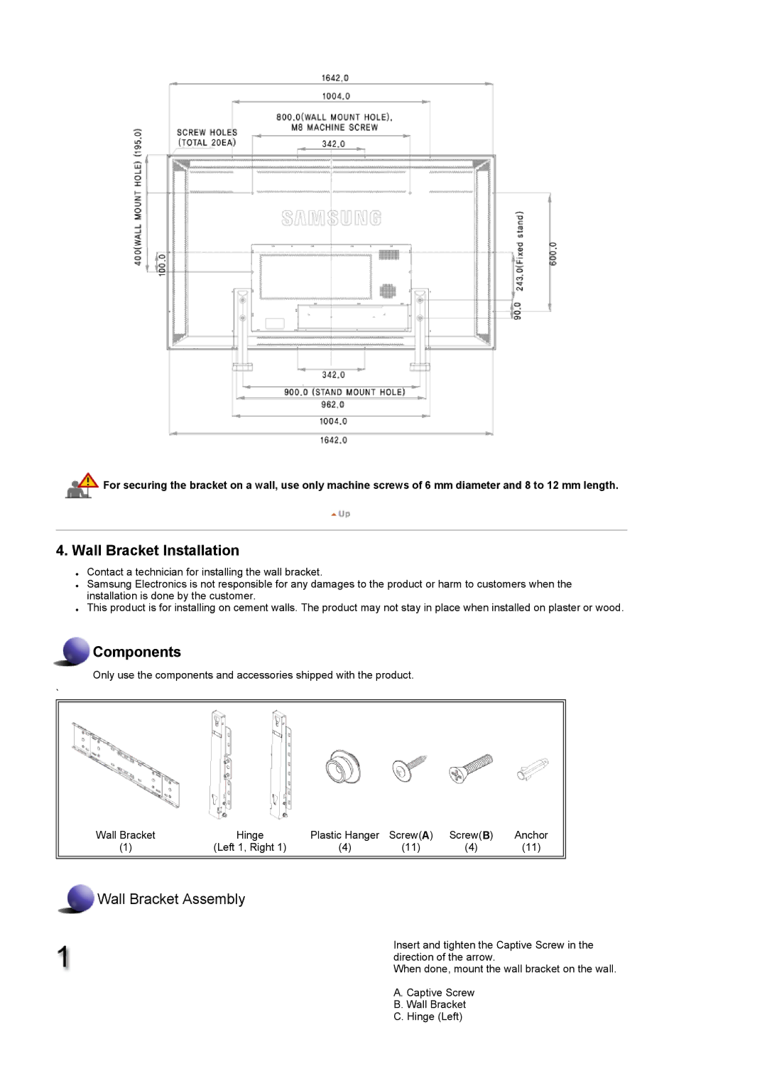 Samsung 820TSn, 700TSn specifications Wall Bracket Installation 