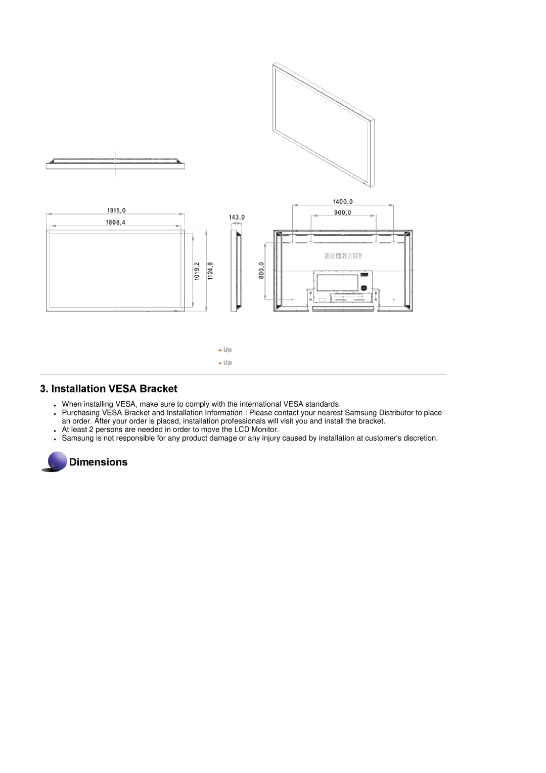 Samsung 700TSn, 820TSn specifications Installation Vesa Bracket 