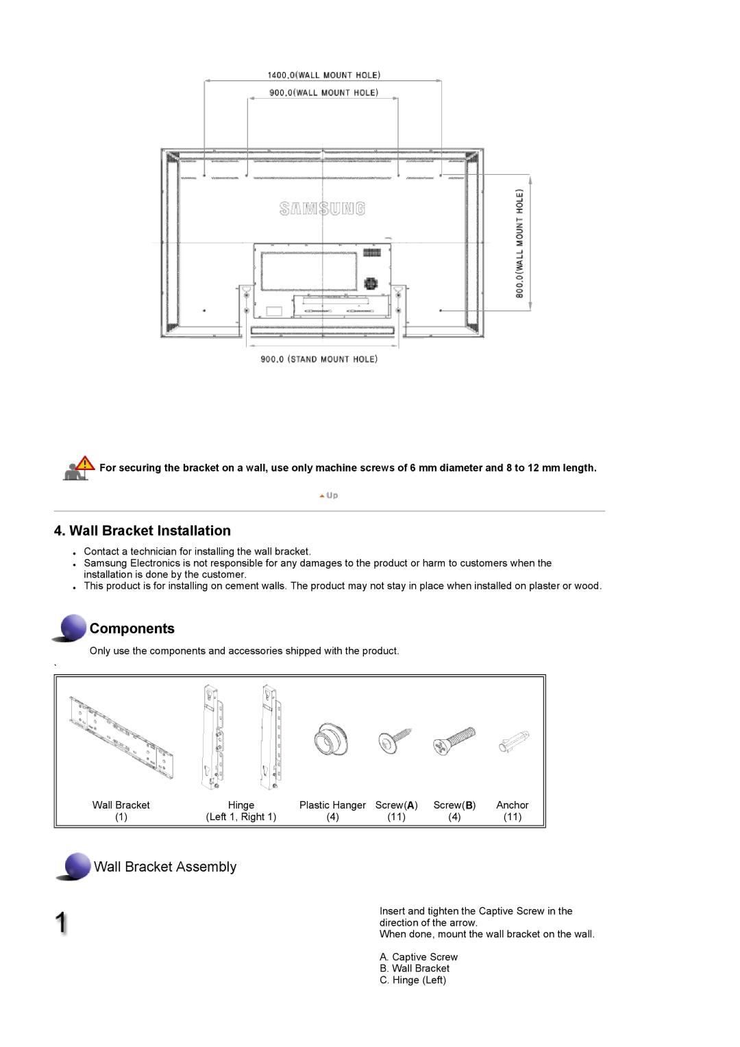 Samsung 820TSn, 700TSn specifications Wall Bracket Installation 