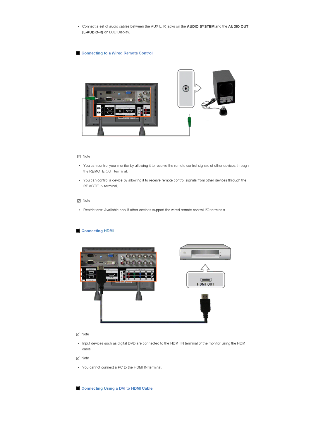 Samsung 700TSn, 820TSn Connecting to a Wired Remote Control, Connecting Hdmi, Connecting Using a DVI to Hdmi Cable 