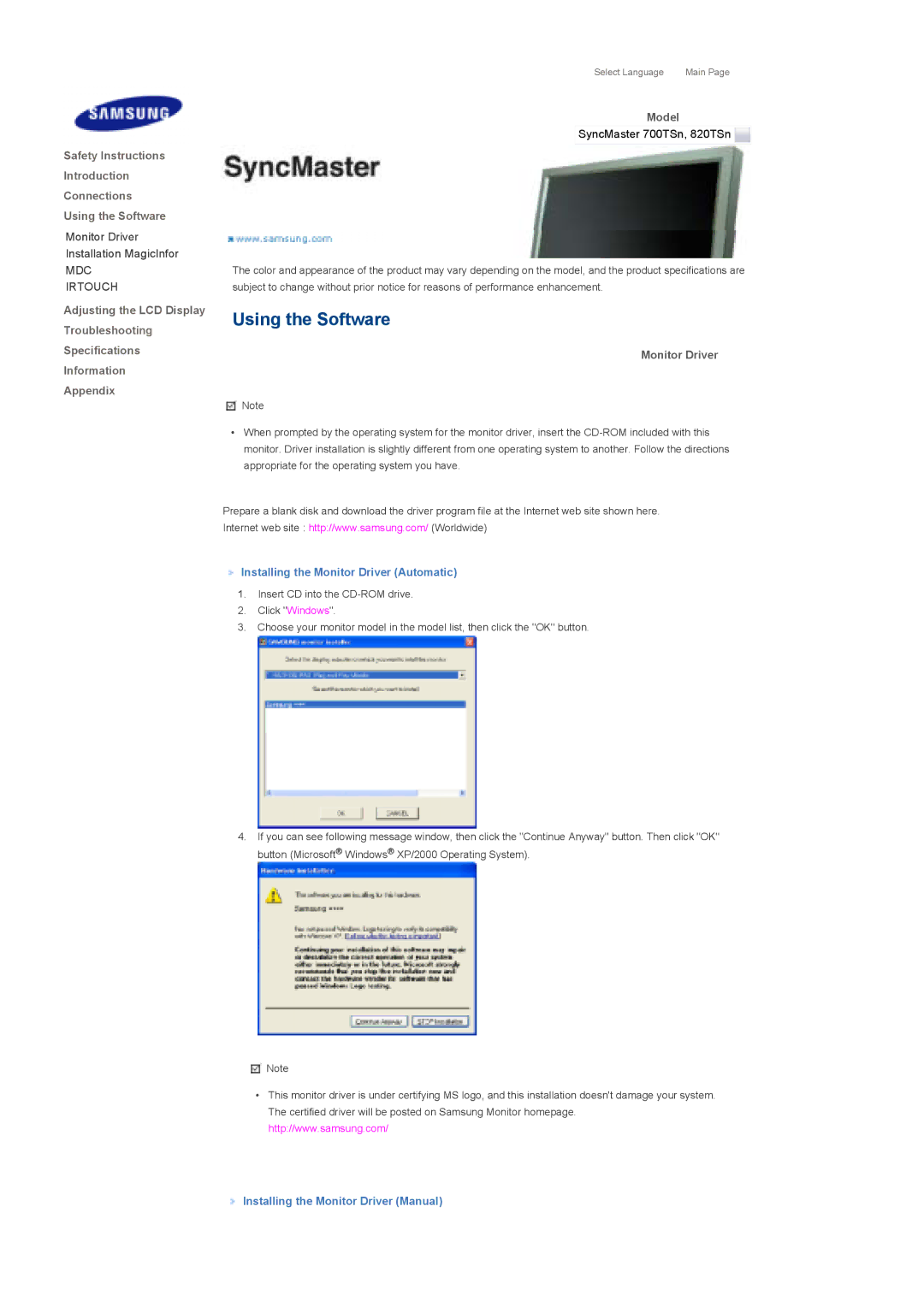 Samsung 700TSn Using the Software, Installing the Monitor Driver Automatic, Installing the Monitor Driver Manual 