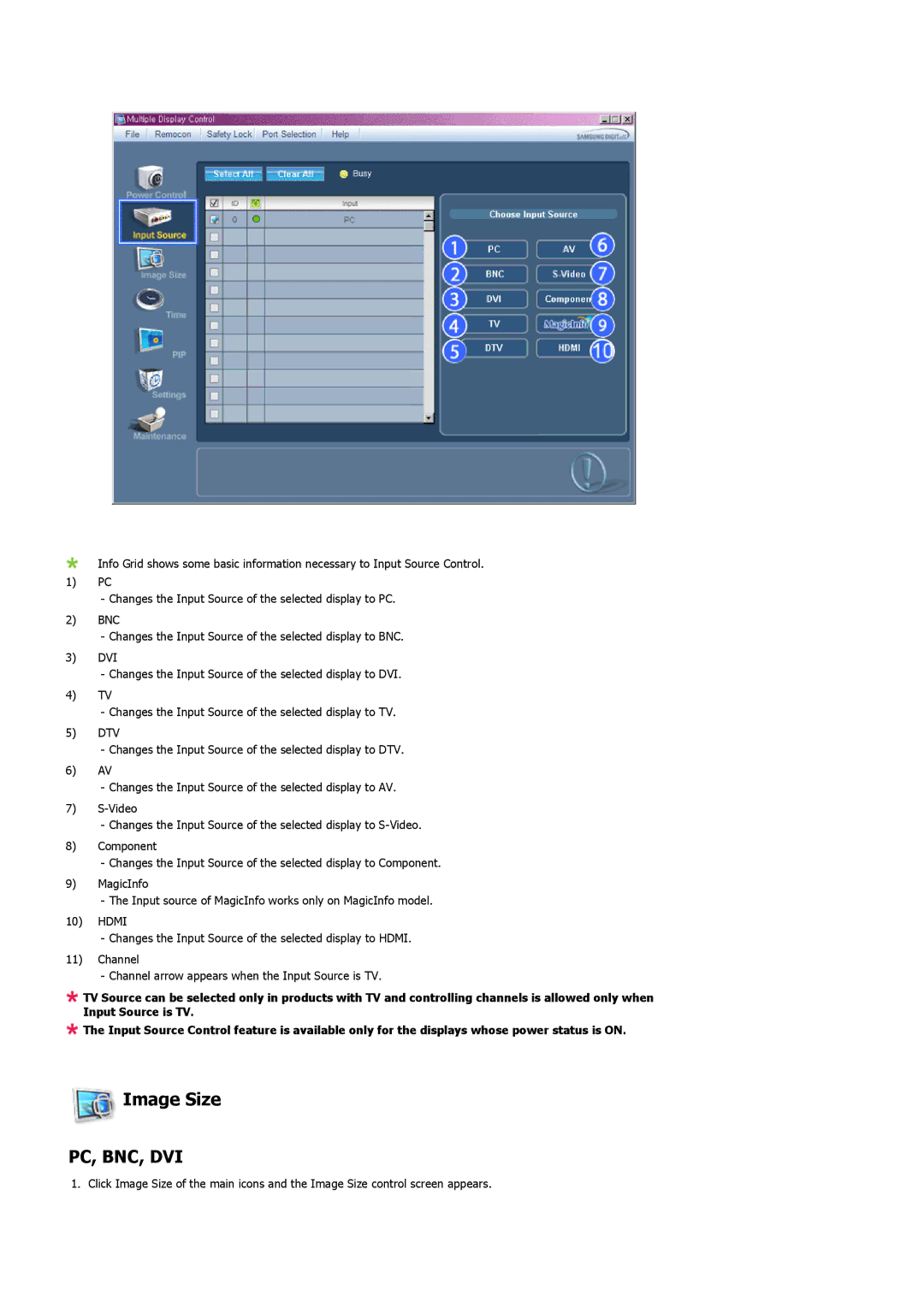 Samsung 820TSn, 700TSn specifications Image Size, Pc, Bnc, Dvi 