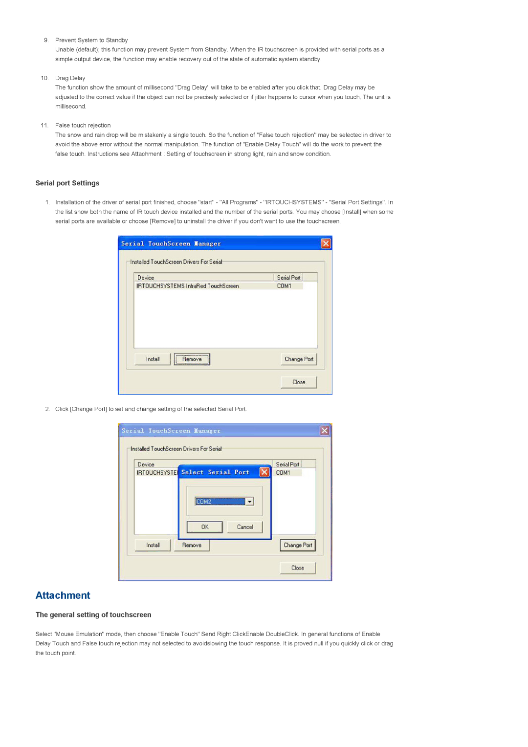 Samsung 700TSn, 820TSn specifications Attachment, Serial port Settings, General setting of touchscreen 