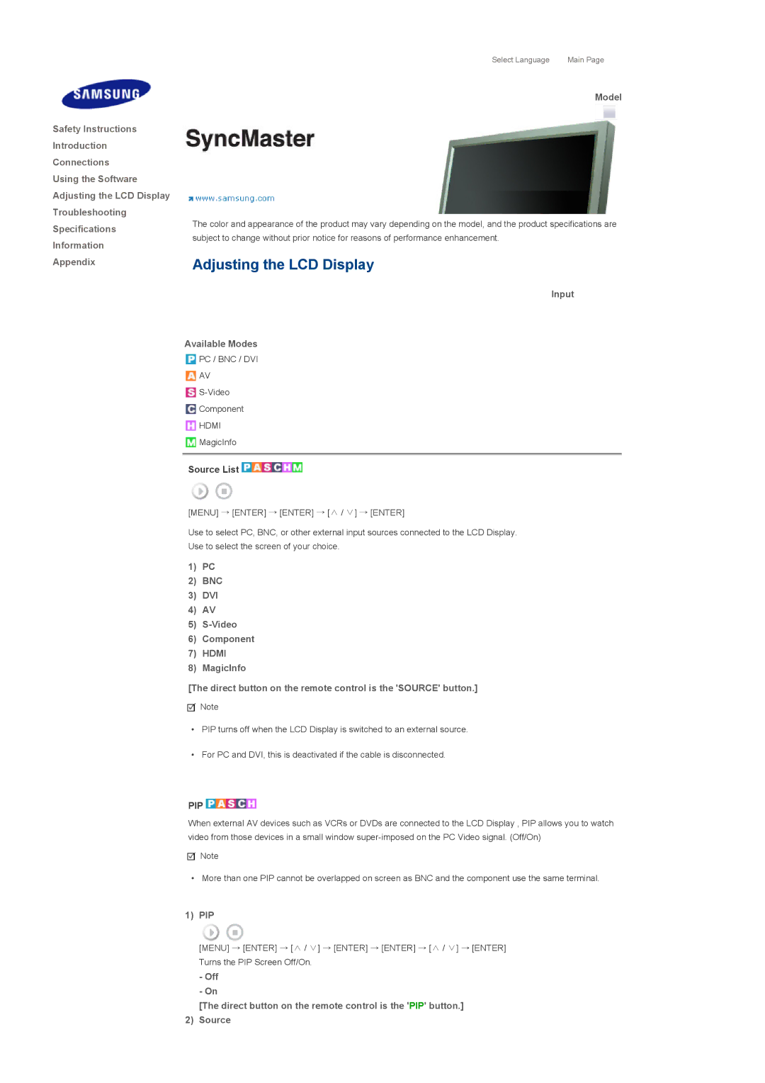 Samsung 820TSn, 700TSn Adjusting the LCD Display, Input Available Modes, Source List, BNC DVI Video Component, Pip 