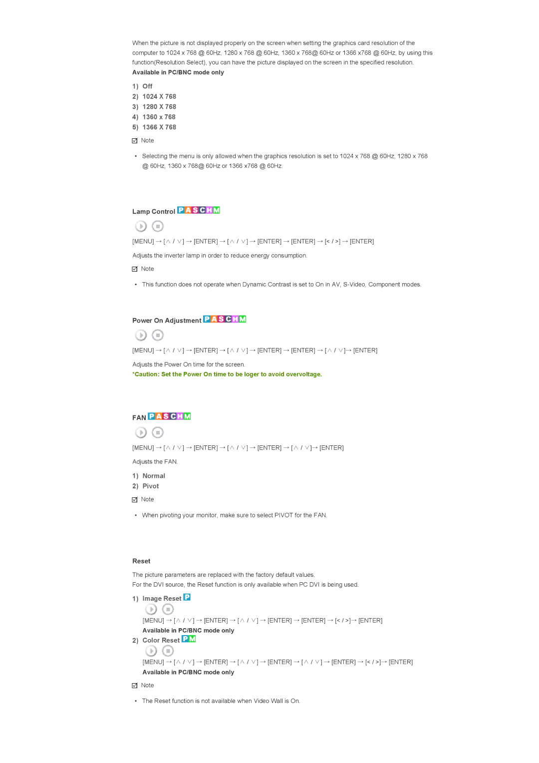 Samsung 700TSn, 820TSn specifications Off 1024 X 1280 X 1360 x 1366 X, Normal Pivot, Image Reset, Color Reset 