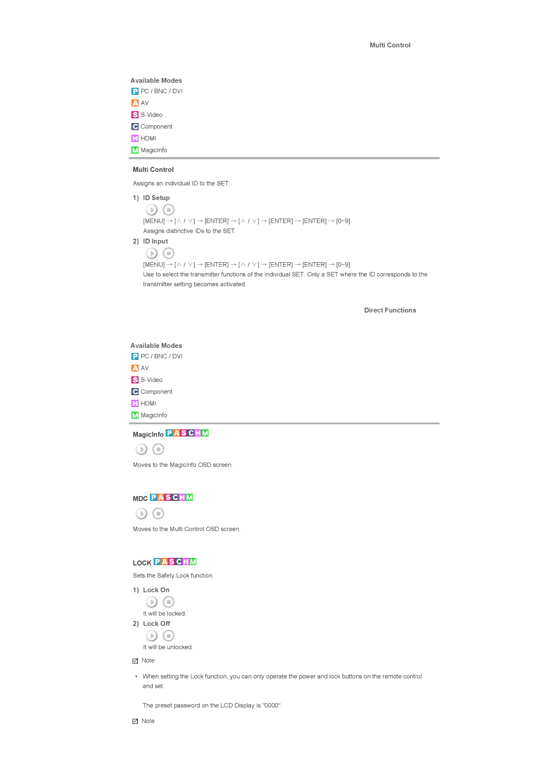 Samsung 820TSn Multi Control Available Modes, ID Setup, ID Input, Direct Functions Available Modes, Lock On, Lock Off 