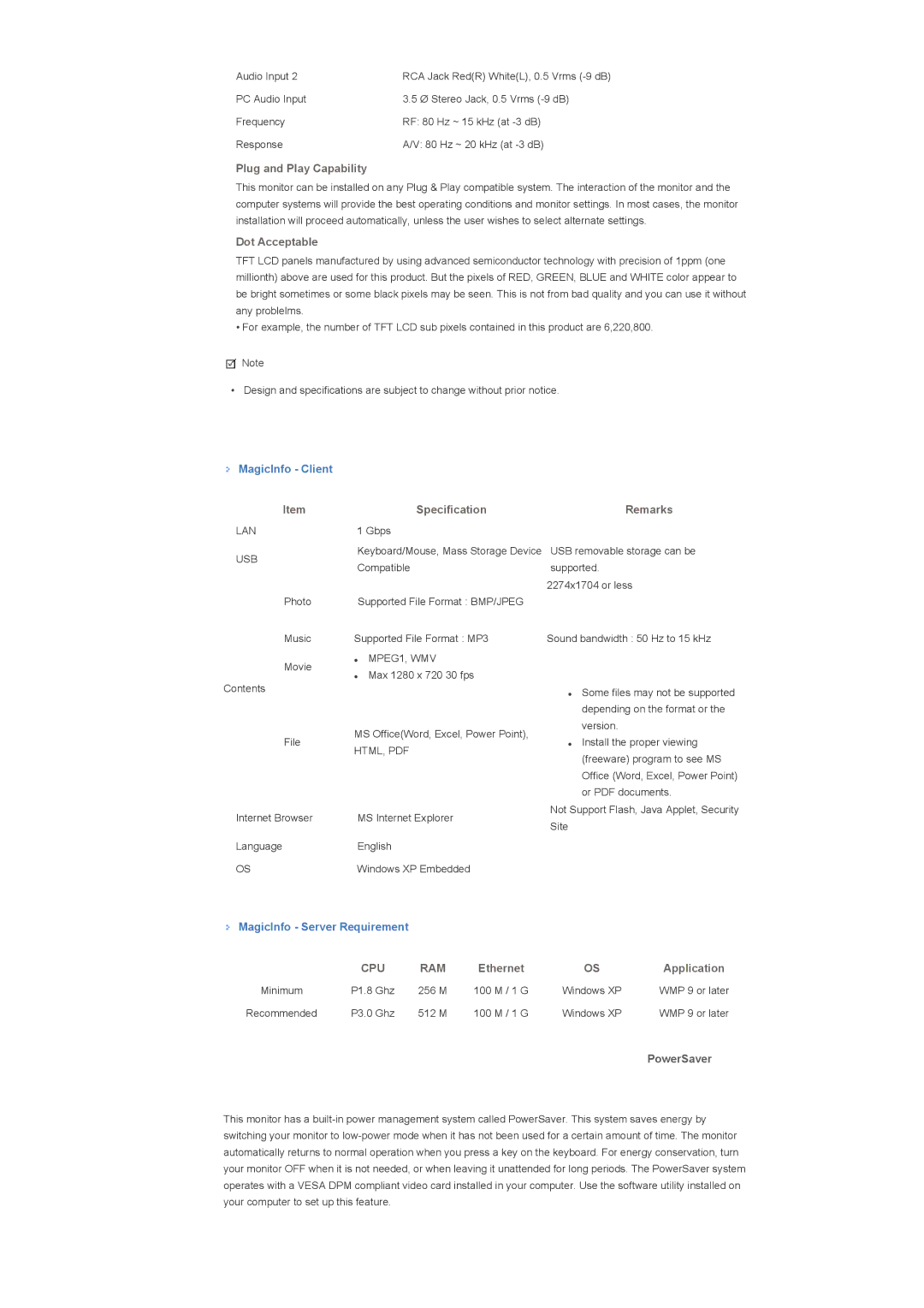 Samsung 700TSn, 820TSn specifications MagicInfo Client, PowerSaver 