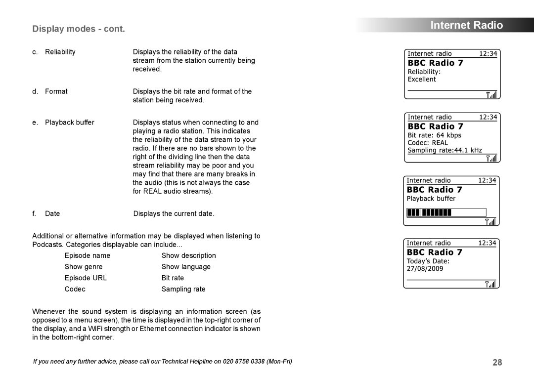 Samsung 83I manual Display modes - cont, Internet Radio 