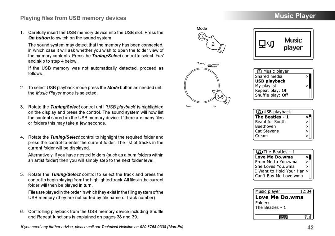 Samsung 83I manual Playing ﬁles from USB memory devices, Music Player 