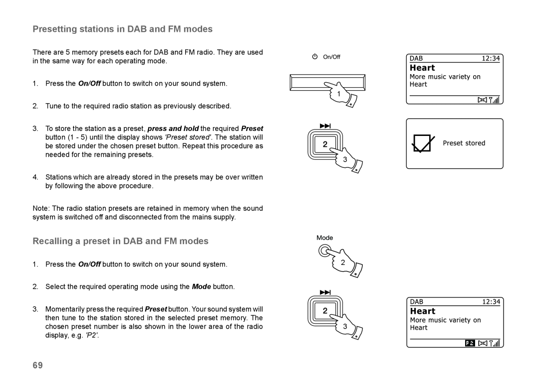 Samsung 83I manual Presetting stations in DAB and FM modes, Recalling a preset in DAB and FM modes 