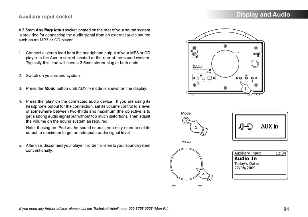 Samsung 83I manual Auxiliary input socket, Display and Audio 