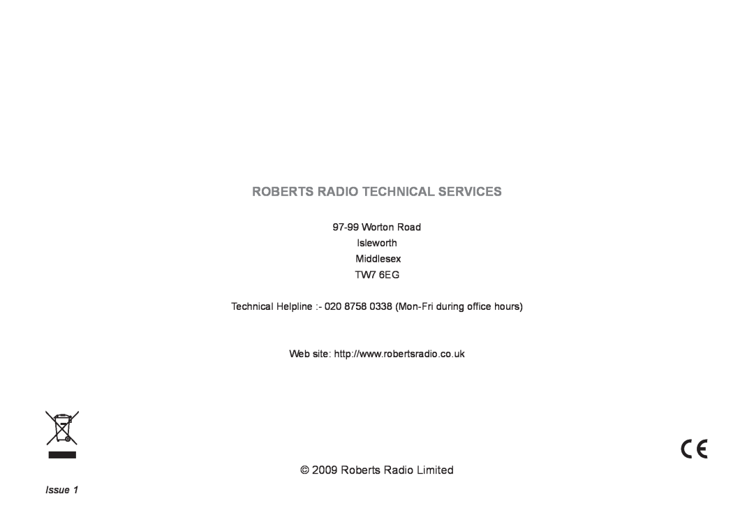Samsung 83I manual Roberts Radio Technical Services, Roberts Radio Limited, Issue 