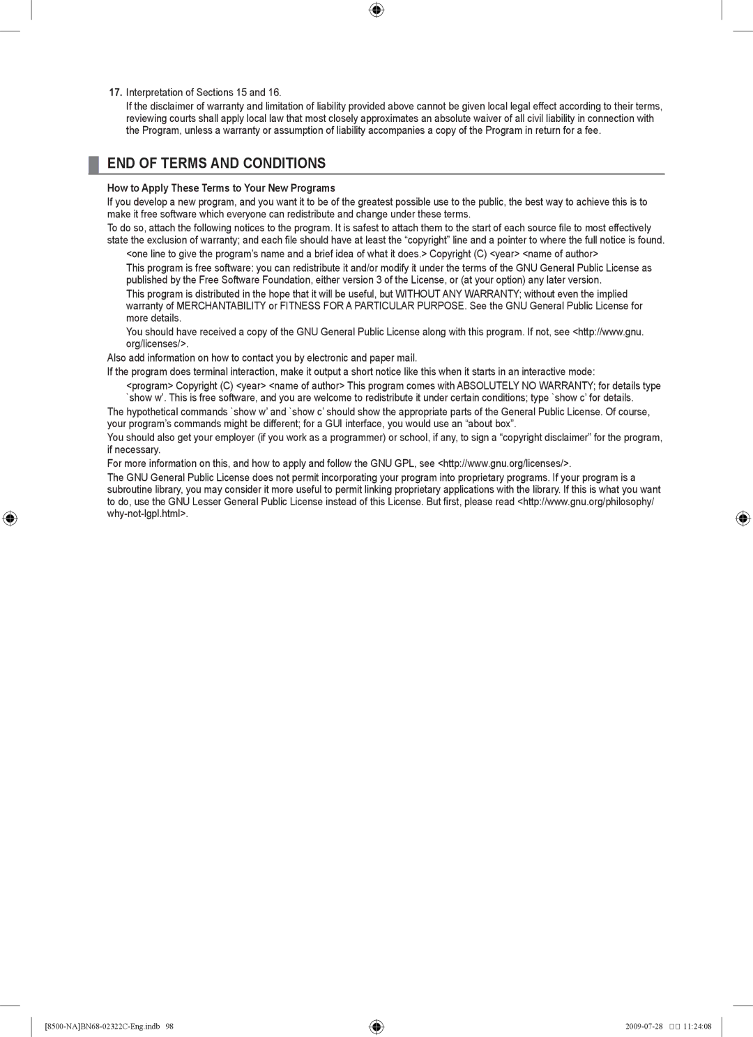 Samsung 8500 user manual Interpretation of Sections 15, How to Apply These Terms to Your New Programs 