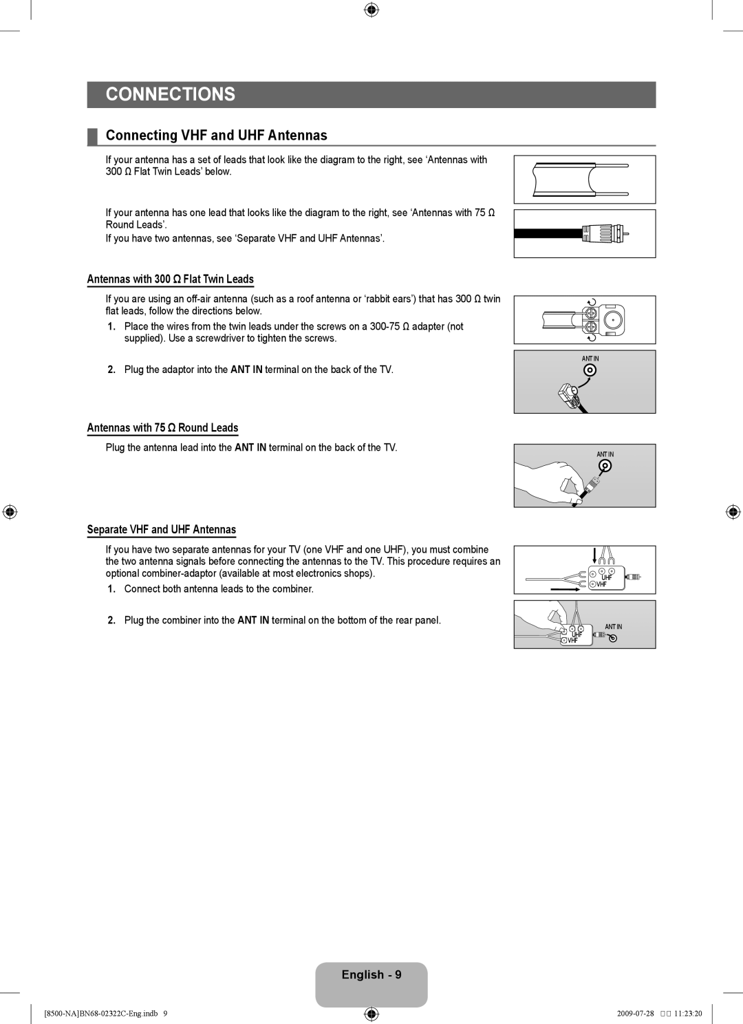 Samsung 8500 user manual Connections, Connecting VHF and UHF Antennas, Antennas with 300 Ω Flat Twin Leads 