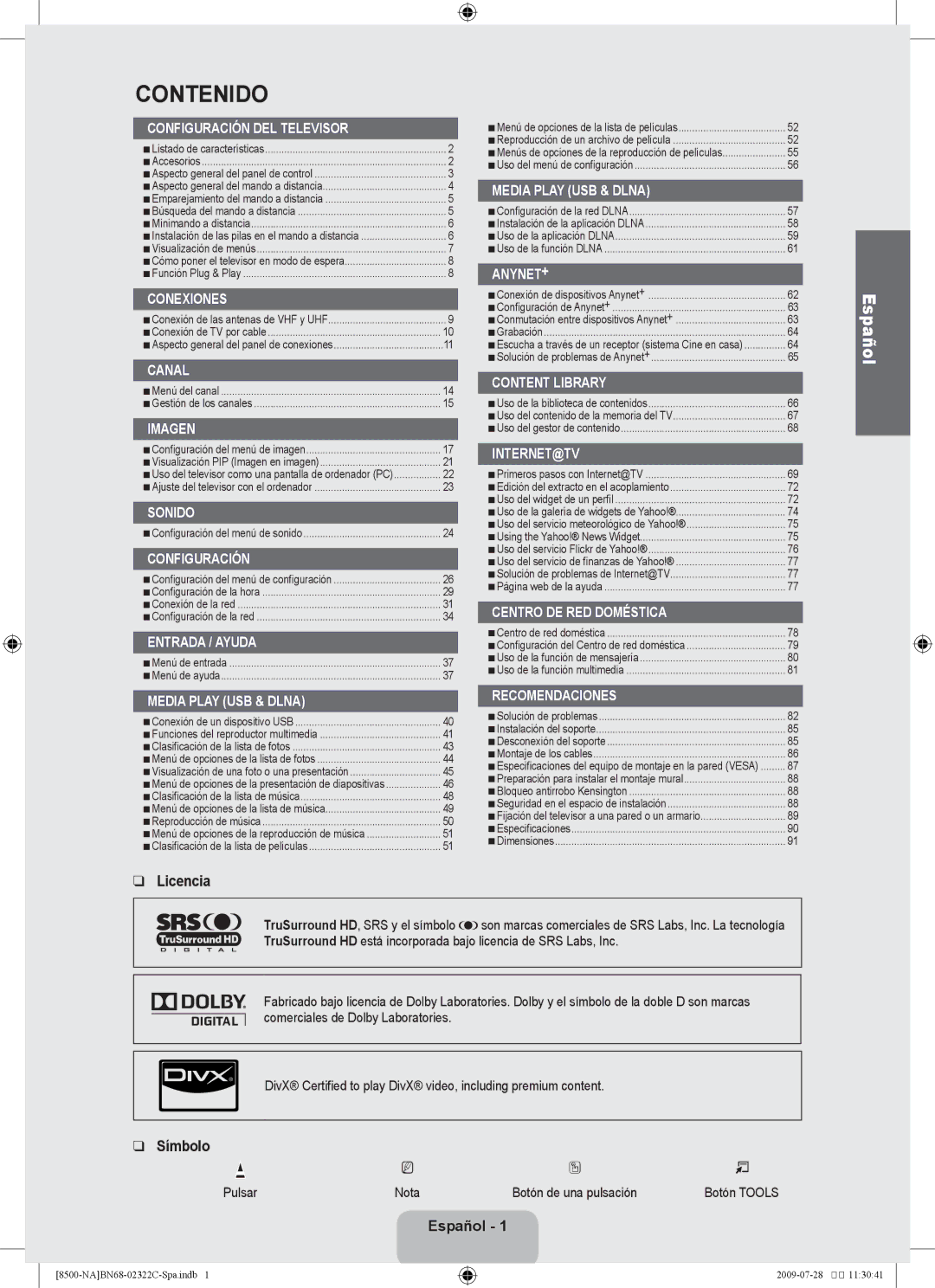 Samsung 8500 user manual Licencia, Símbolo, Español, Pulsar 