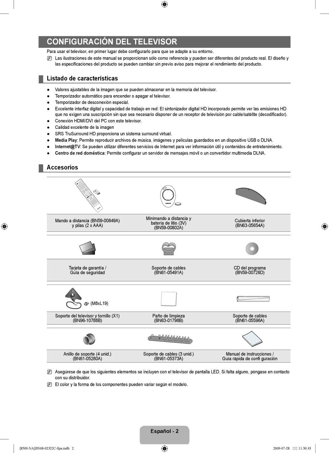 Samsung 8500 Configuración del televisor, Listado de características, Accesorios, Cubierta inferior, BN63-05654A 