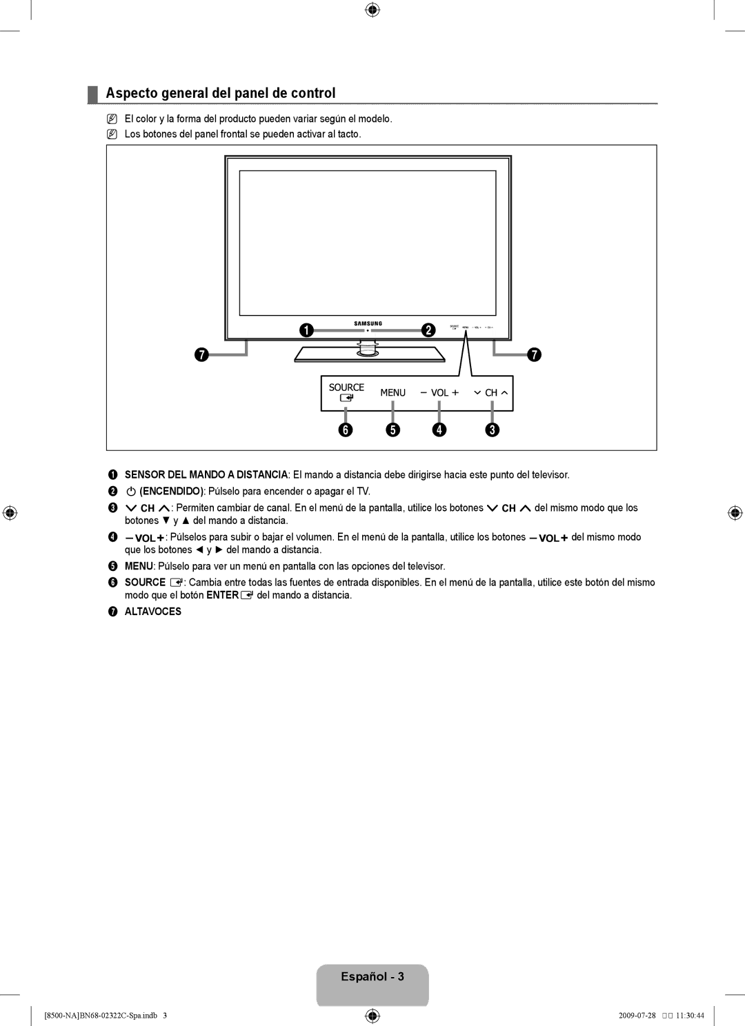 Samsung 8500 user manual Aspecto general del panel de control, Español , Altavoces 