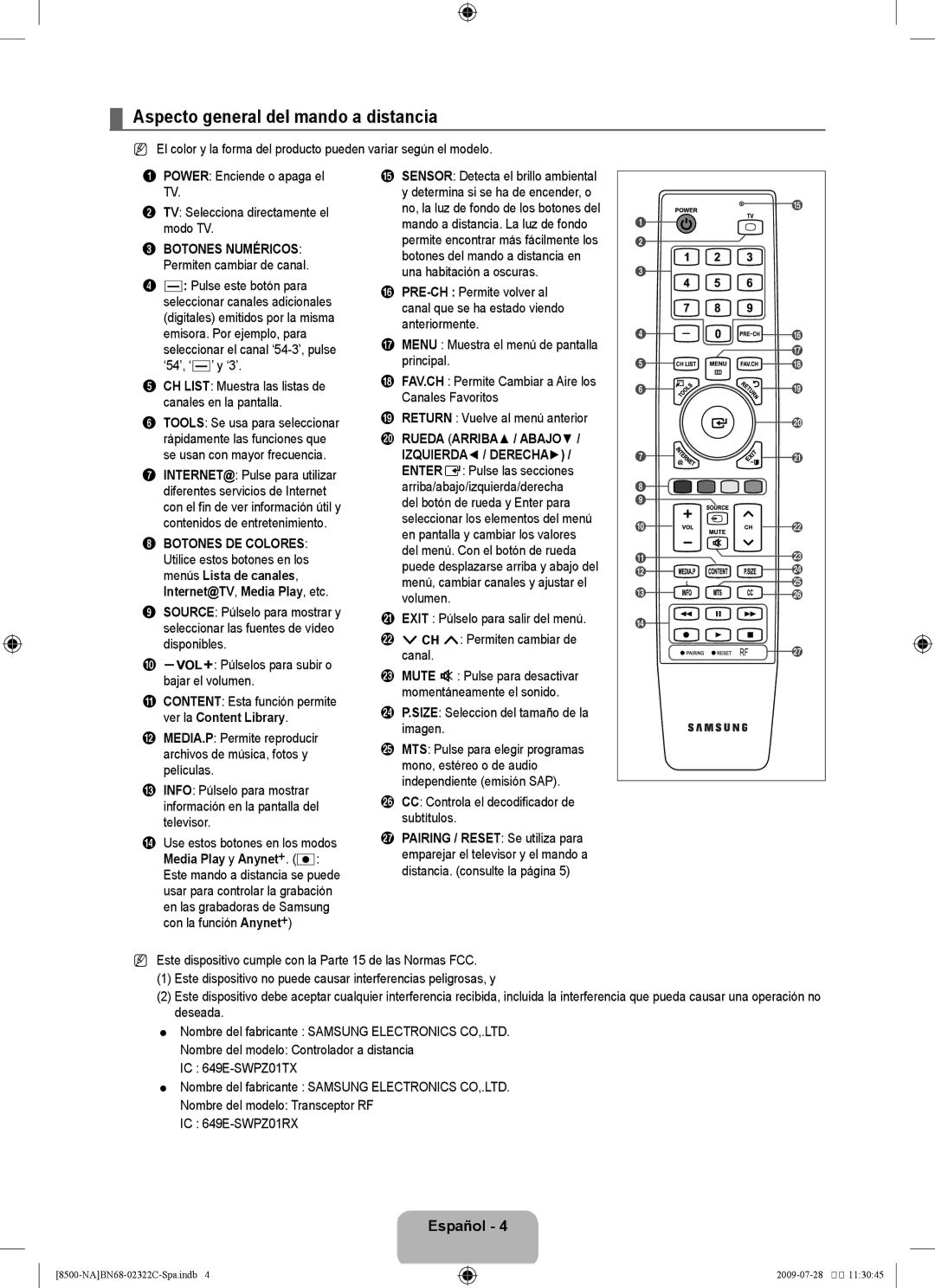 Samsung 8500 user manual Aspecto general del mando a distancia, Rueda Arriba / Abajo 