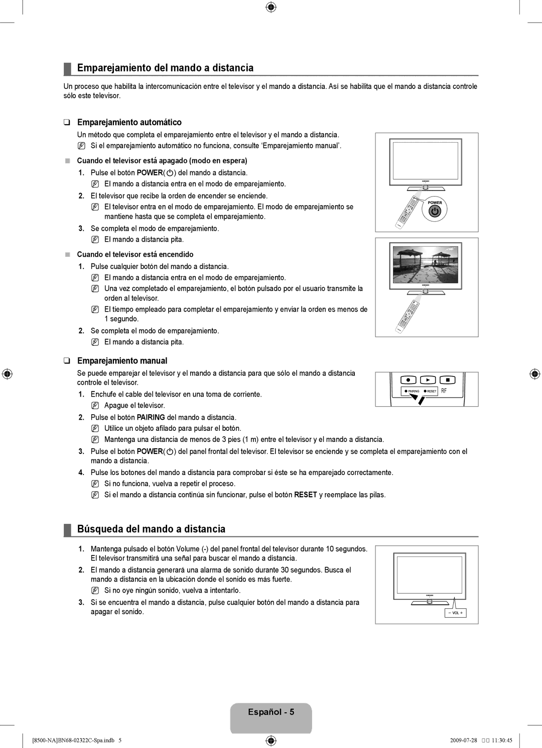 Samsung 8500 user manual Emparejamiento del mando a distancia, Búsqueda del mando a distancia, Emparejamiento automático 