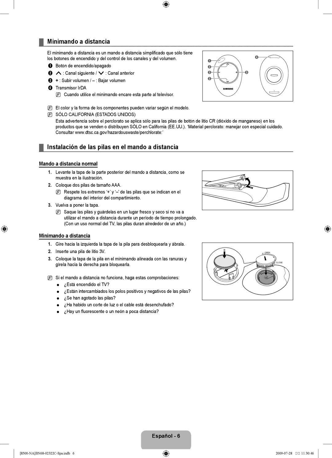 Samsung 8500 user manual Minimando a distancia, Instalación de las pilas en el mando a distancia, Mando a distancia normal 