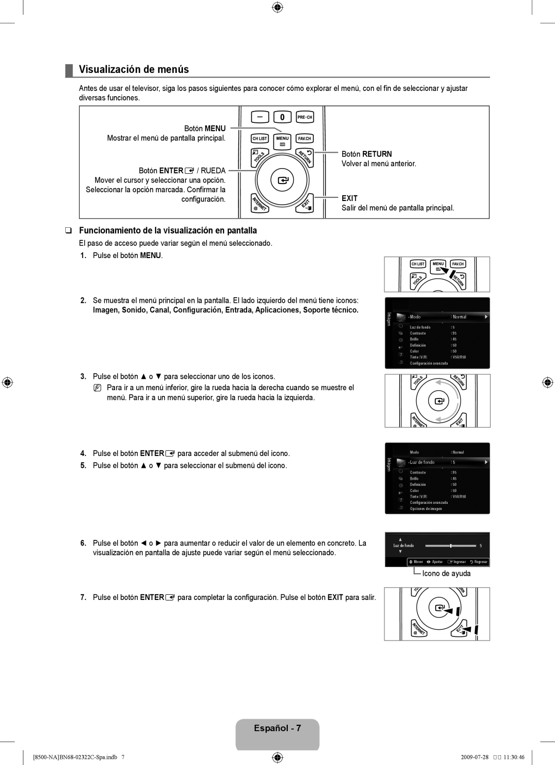 Samsung 8500 Visualización de menús, Funcionamiento de la visualización en pantalla, Botón Return Volver al menú anterior 