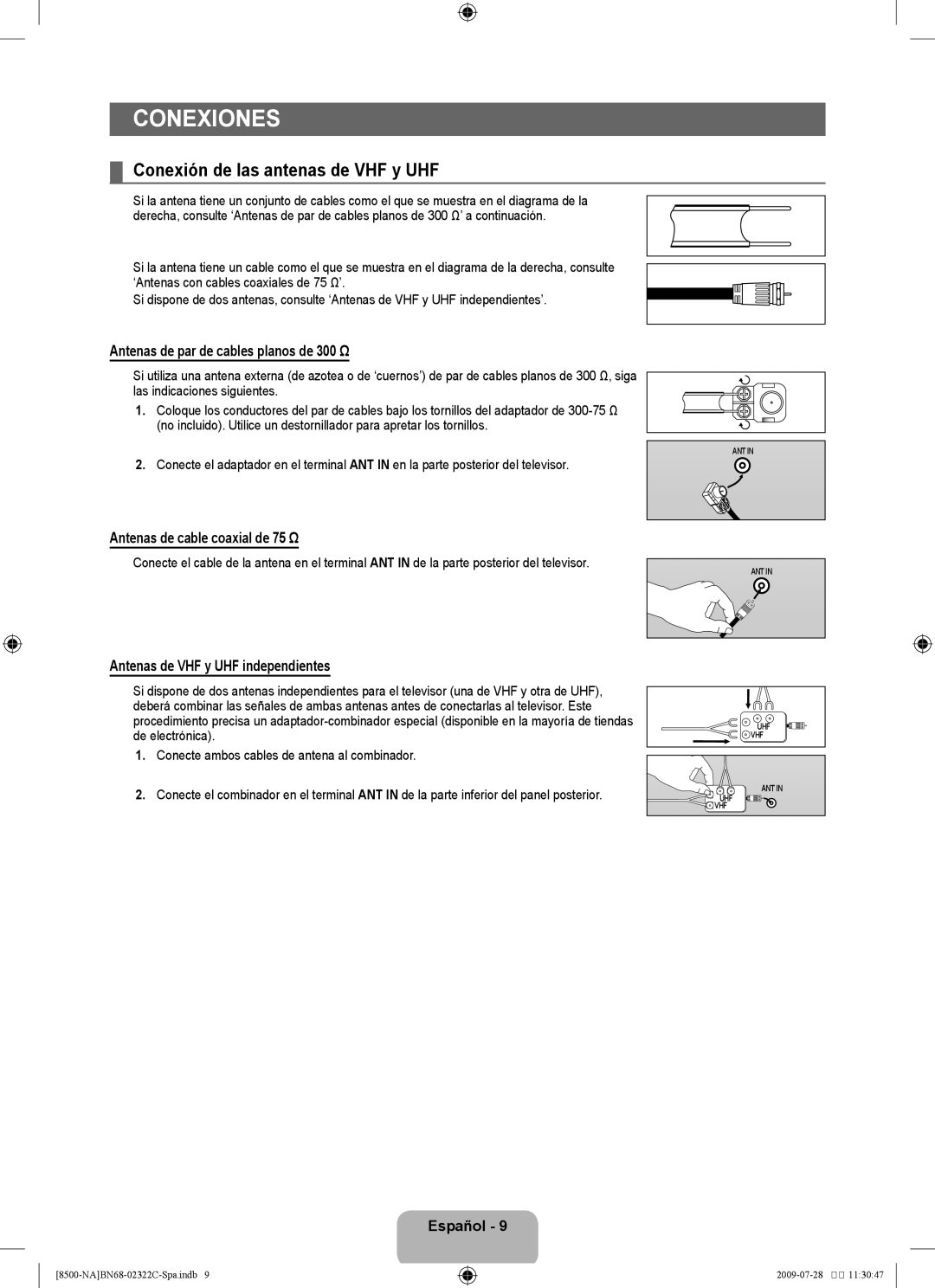 Samsung 8500 user manual Conexiones, Conexión de las antenas de VHF y UHF, Antenas de par de cables planos de 300 Ω 