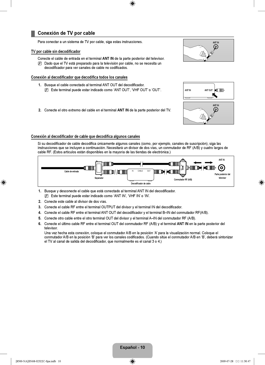 Samsung 8500 user manual Conexión de TV por cable, TV por cable sin decodificador 