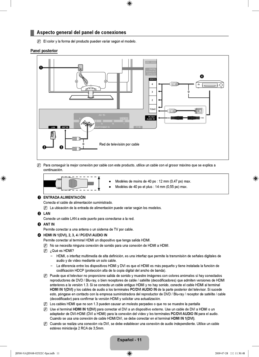 Samsung 8500 user manual Aspecto general del panel de conexiones, Panel posterior, Entrada Alimentación 