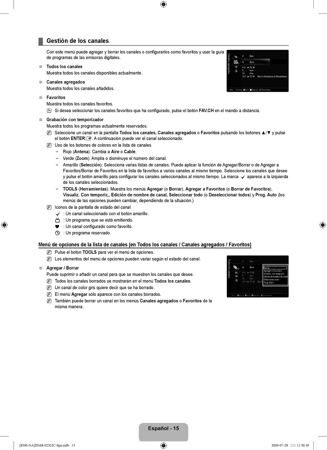 Samsung 8500 user manual Gestión de los canales 