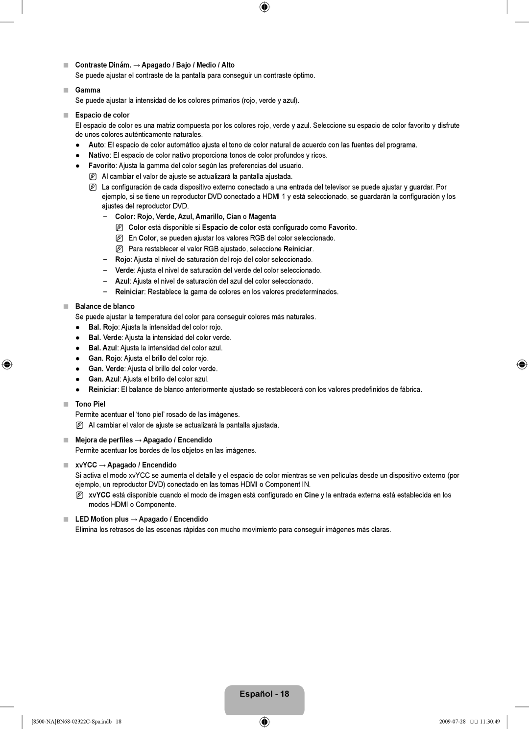 Samsung 8500 user manual Contraste Dinám. → Apagado / Bajo / Medio / Alto, Espacio de color, Balance de blanco, Tono Piel 