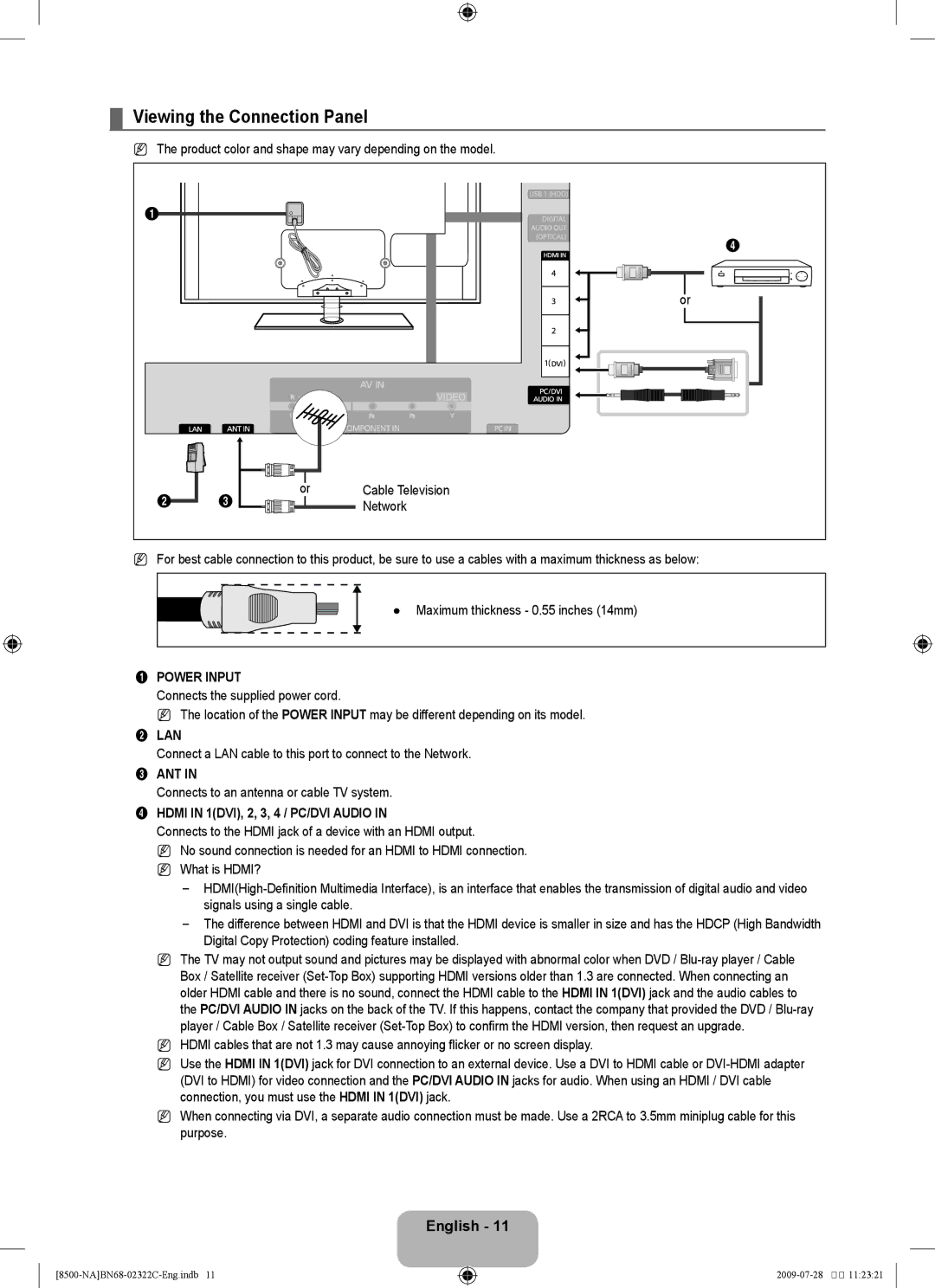 Samsung 8500 user manual Viewing the Connection Panel, Power Input, Lan, Ant 