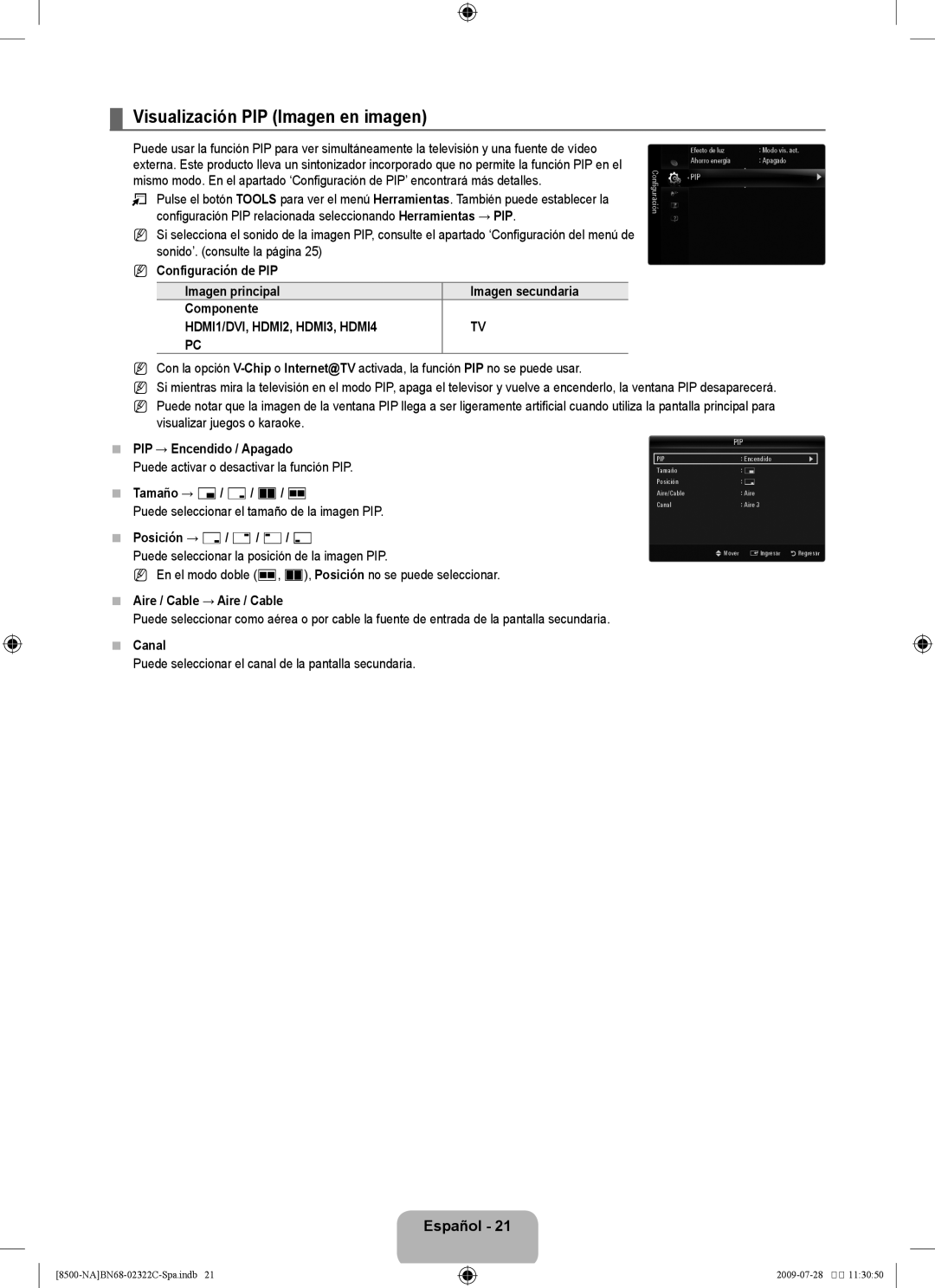 Samsung 8500 user manual Visualización PIP Imagen en imagen 