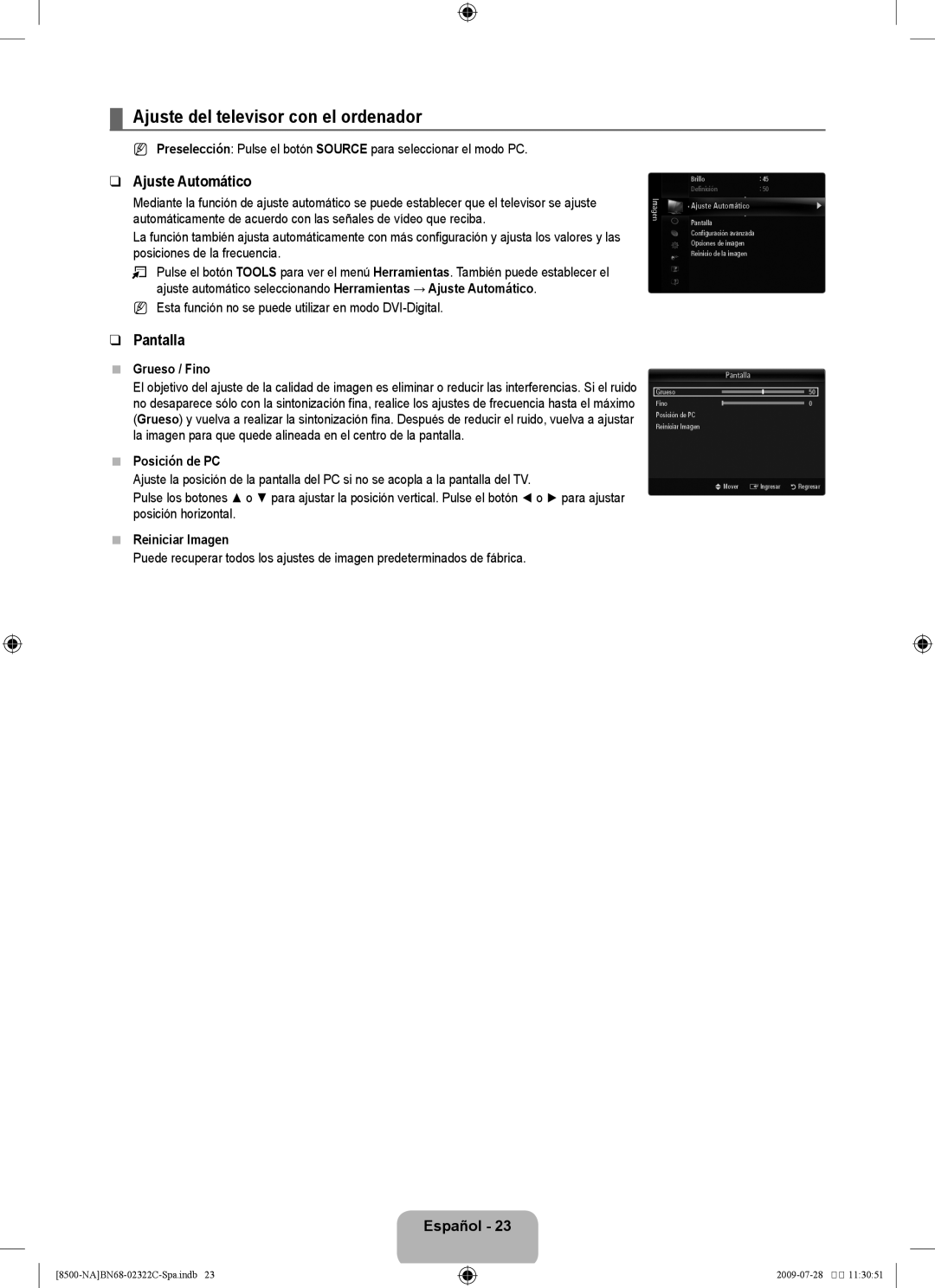 Samsung 8500 user manual Ajuste del televisor con el ordenador, Ajuste Automático, Pantalla 