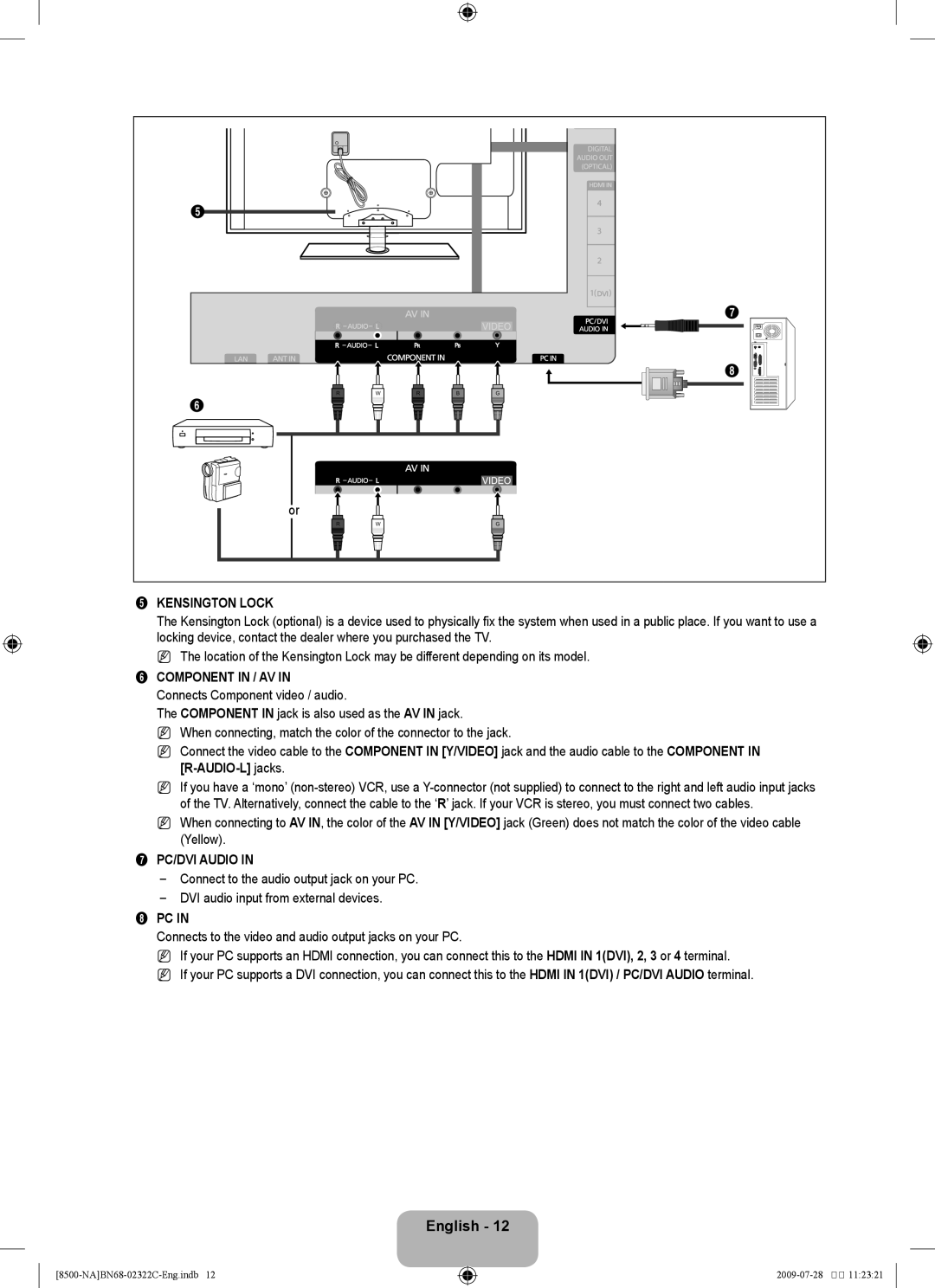 Samsung 8500 user manual Kensington Lock, PC/DVI Audio 