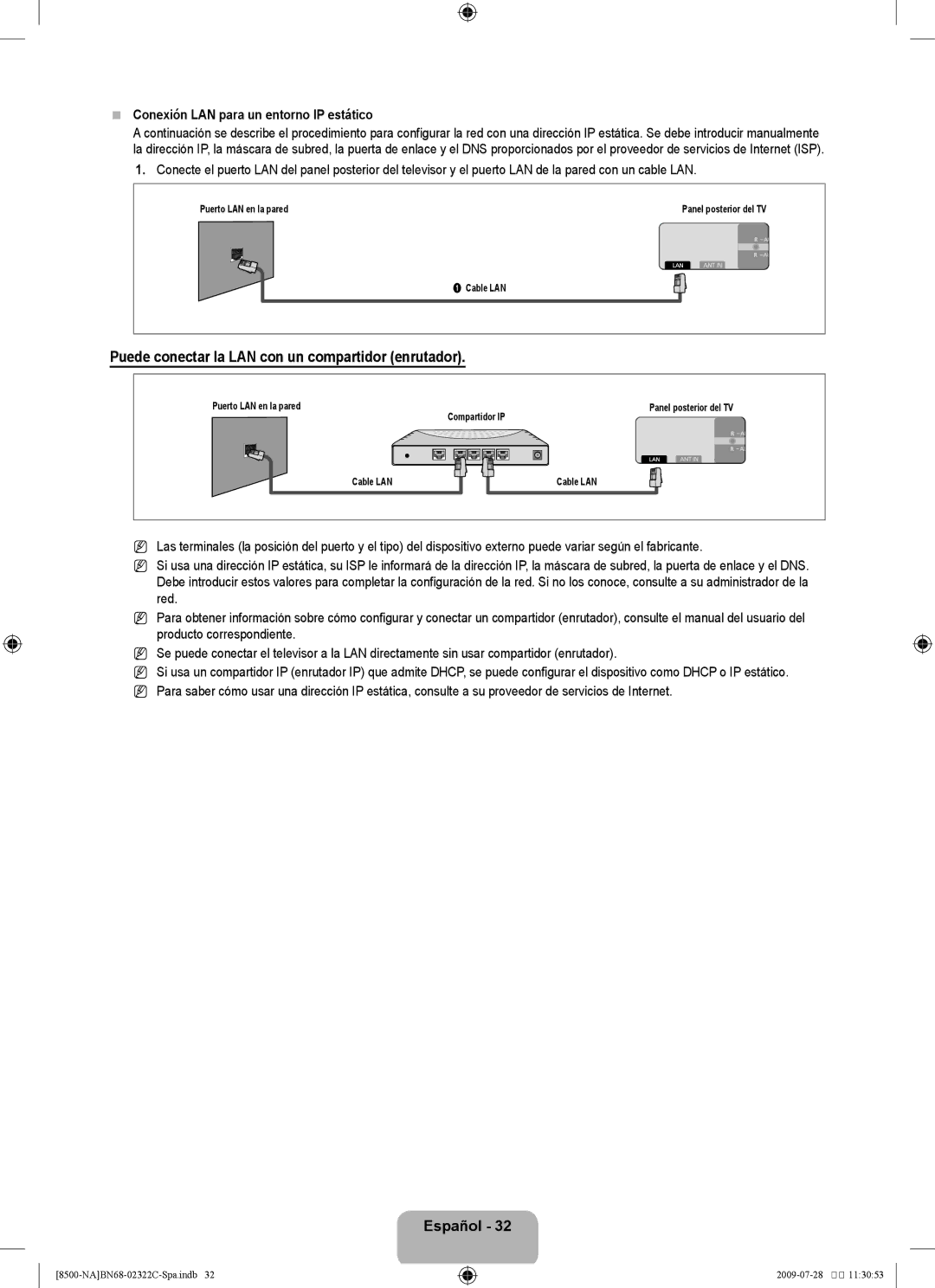 Samsung 8500 user manual Conexión LAN para un entorno IP estático 