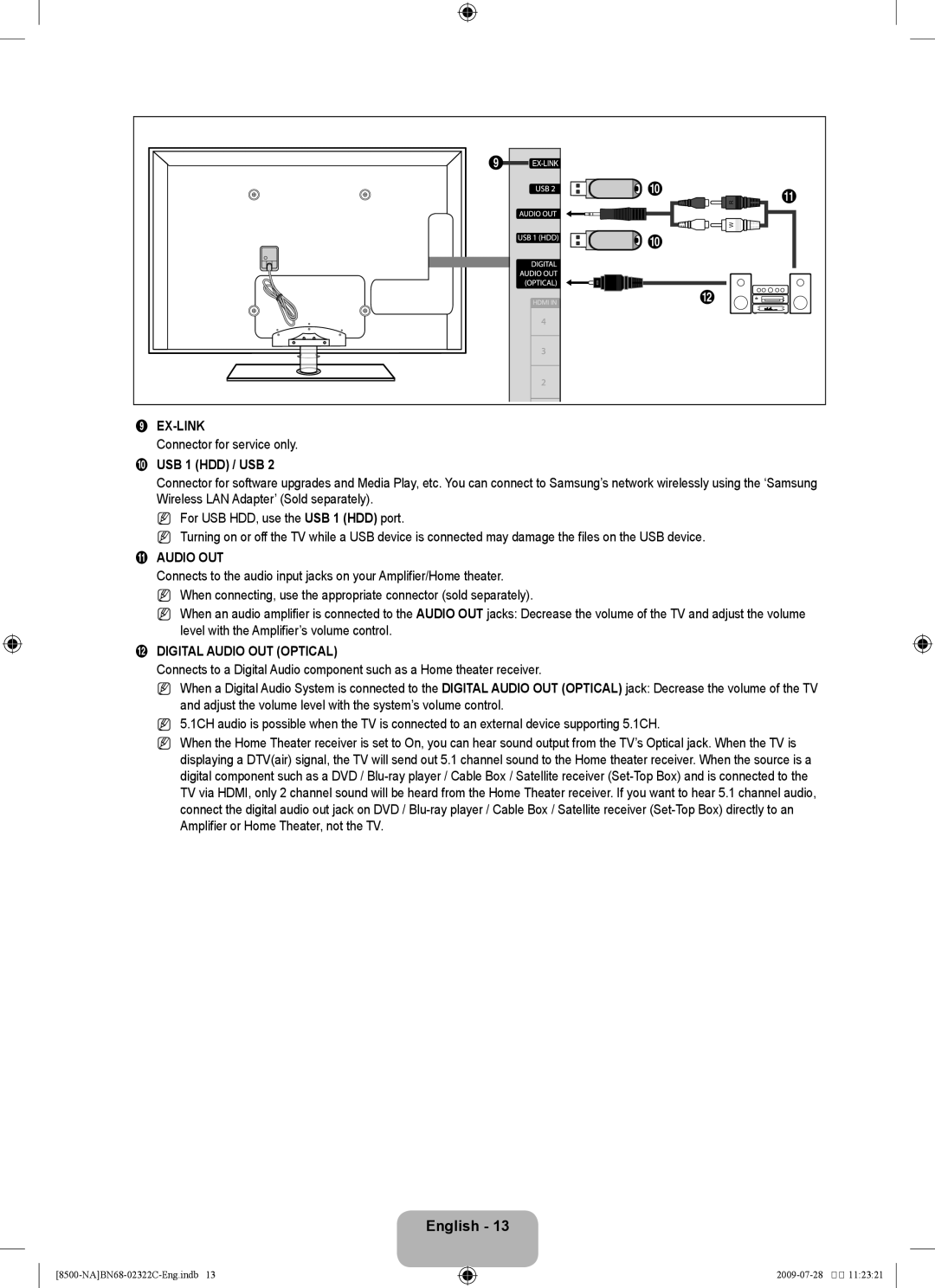 Samsung 8500 user manual Ex-Link, Connector for service only, USB 1 HDD / USB, @ Digital Audio OUT Optical 