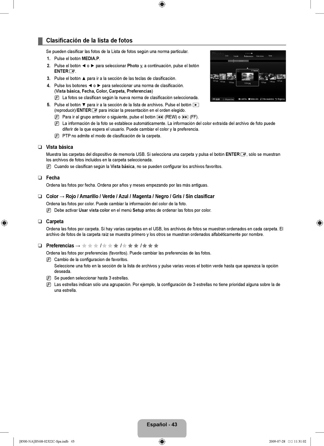 Samsung 8500 Clasificación de la lista de fotos, Vista básica, Fecha, Carpeta, Preferencias → FFF /FFF /FFF /FFF 