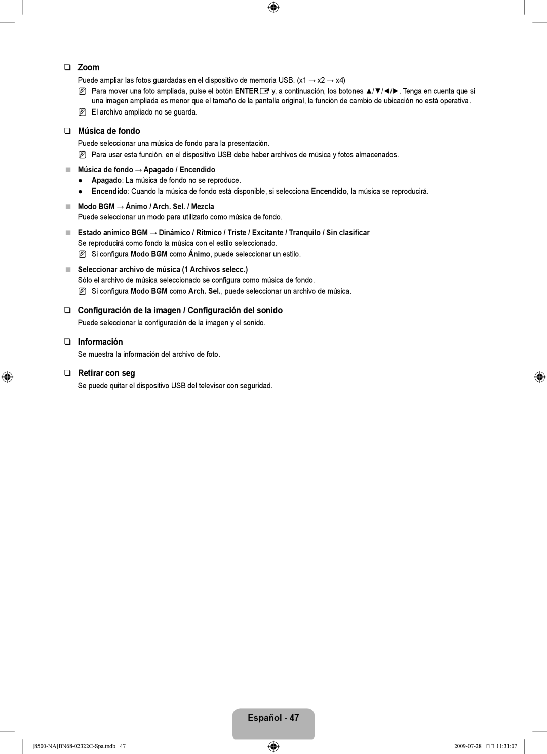 Samsung 8500 user manual Configuración de la imagen / Configuración del sonido, Música de fondo → Apagado / Encendido 