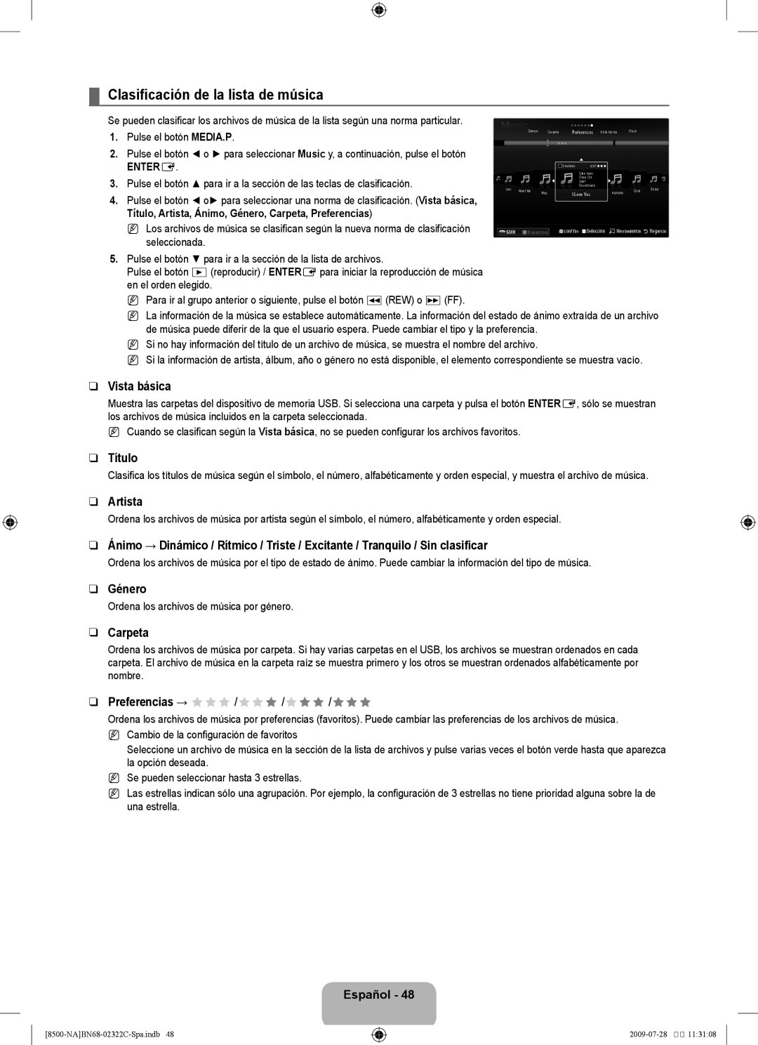 Samsung 8500 user manual Clasificación de la lista de música, Título, Artista, Género 