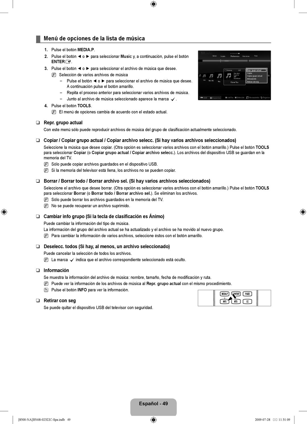 Samsung 8500 user manual Menú de opciones de la lista de música, Cambiar info grupo Si la tecla de clasificación es Ánimo 