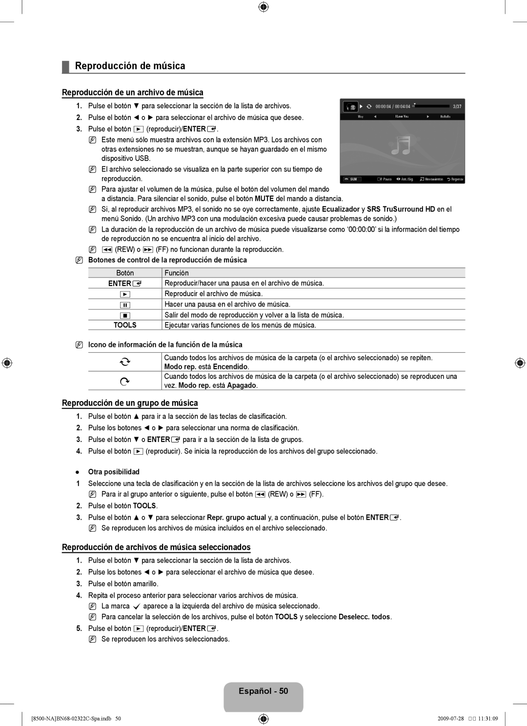 Samsung 8500 user manual Reproducción de música, Reproducción de un archivo de música, Reproducción de un grupo de música 