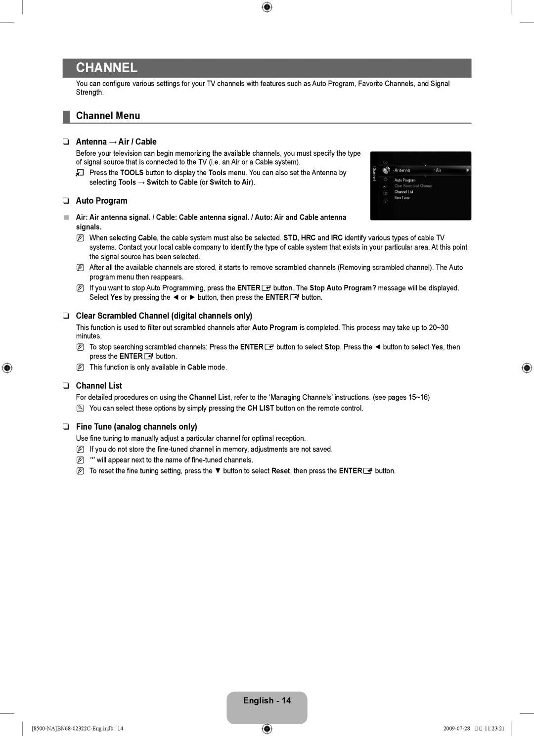 Samsung 8500 user manual Channel Menu 