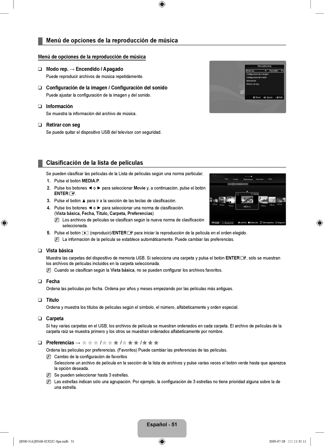 Samsung 8500 user manual Menú de opciones de la reproducción de música, Clasificación de la lista de películas 