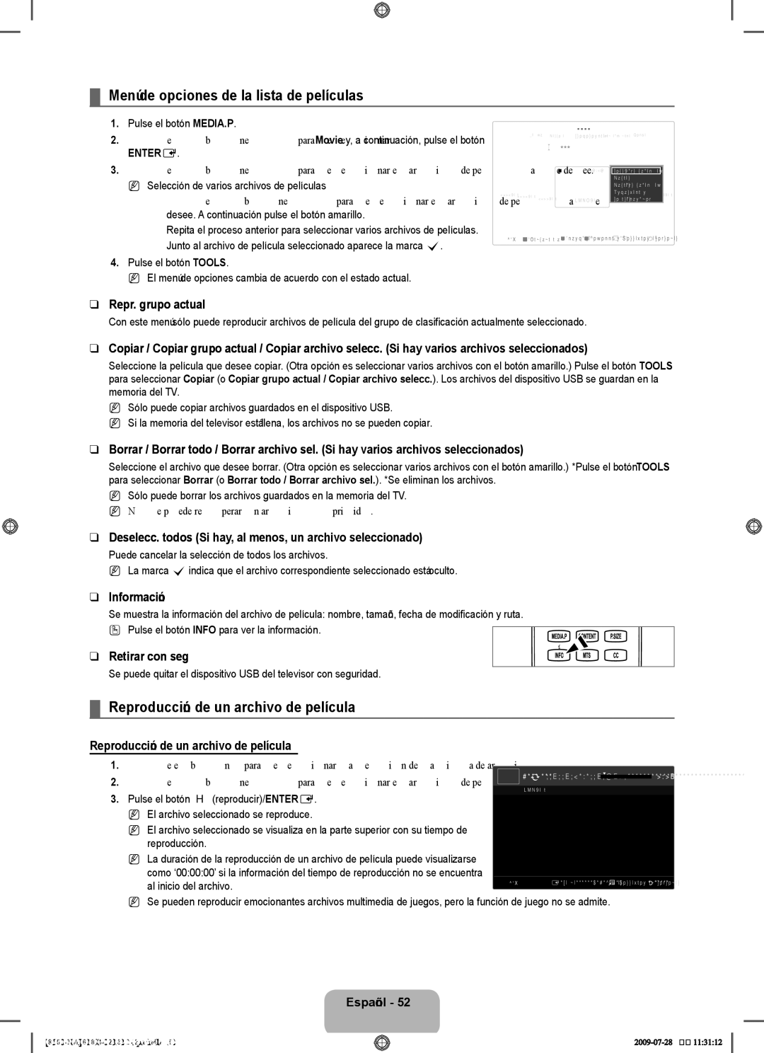 Samsung 8500 user manual Menú de opciones de la lista de películas, Reproducción de un archivo de película 