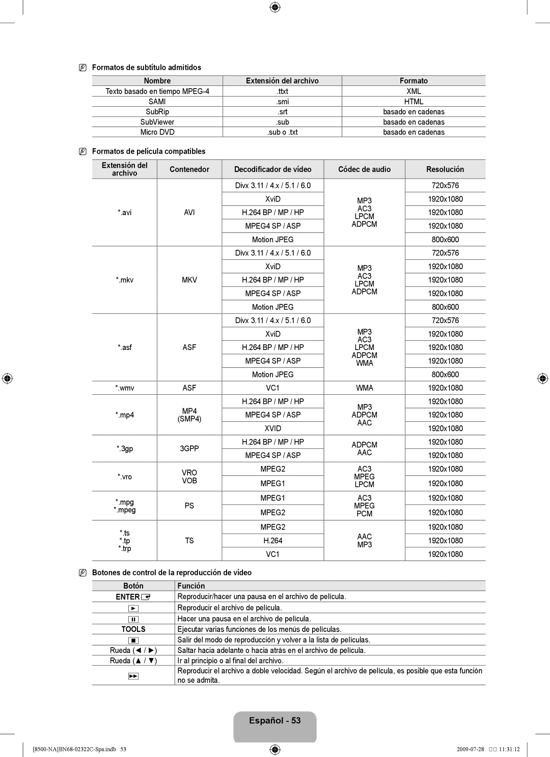 Samsung 8500 user manual Formatos de subtítulo admitidos, Formatos de película compatibles Extensión del Contenedor 