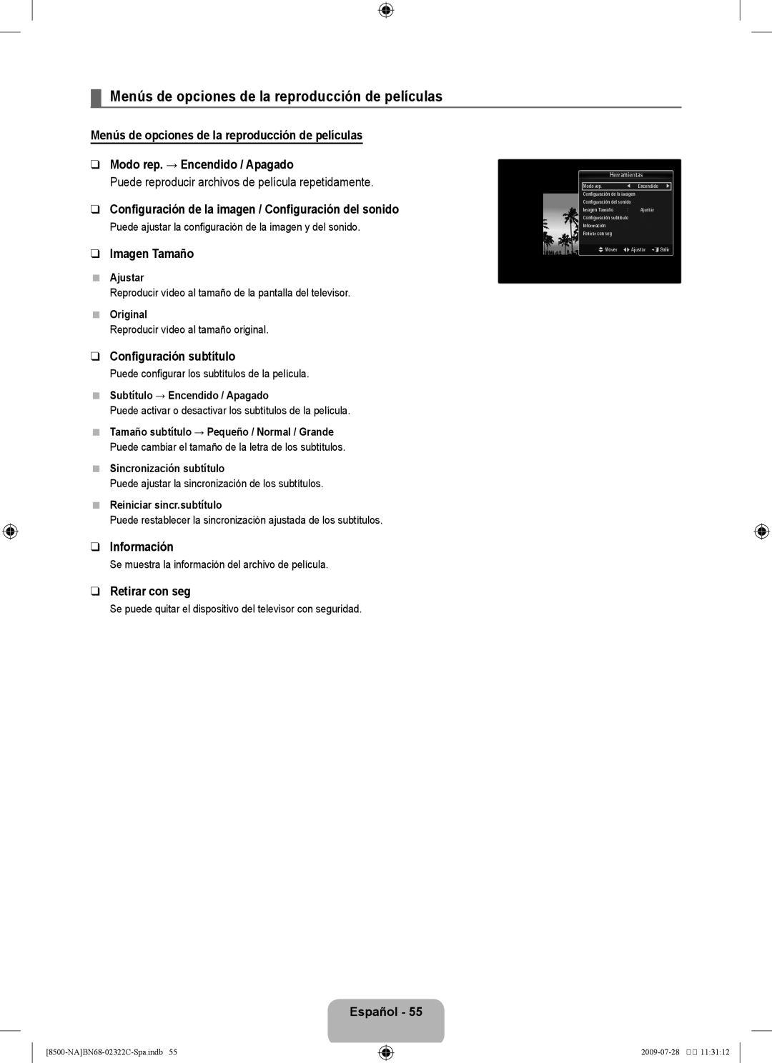 Samsung 8500 user manual Menús de opciones de la reproducción de películas, Imagen Tamaño, Configuración subtítulo 